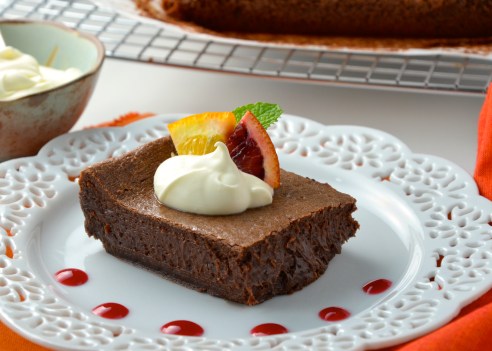 Blood Orange, Balsamic Brownies with Blood Orange Coulis