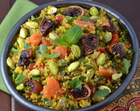 Quinoa Salad with Saffron, Drunken Figs and Pistachios