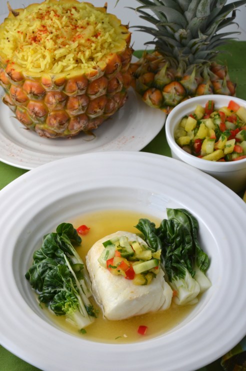 Halibut in Spicy Pineapple Broth and Pineapple Cucumber Relish