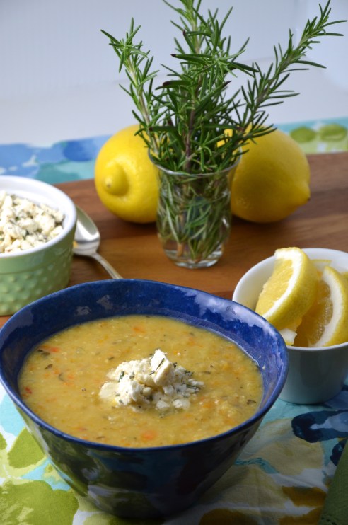 Greek Red Lentil Soup with Lemon, Rosemary and Feta Cheese