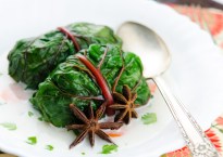 Swiss Chard Rolls with Black Rice in a Vegetable Coconut Broth