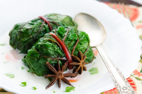 Swiss Chard Rolls with Black Rice in a Vegetable Coconut Broth