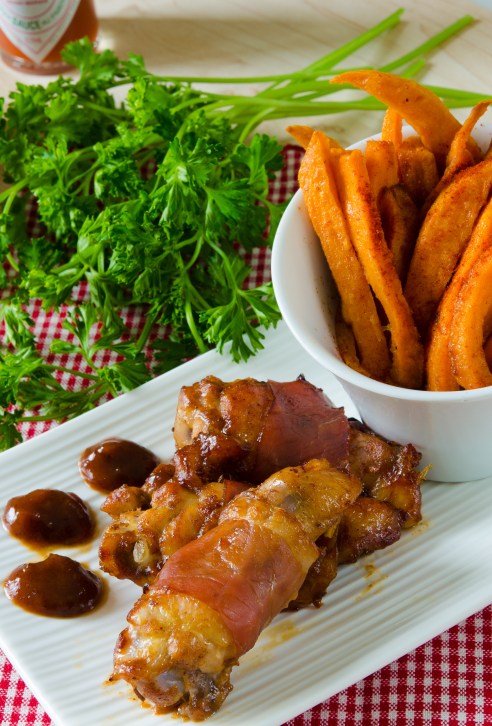 Pancetta-Wrapped Chicken Wings with Smokey Date Glaze.