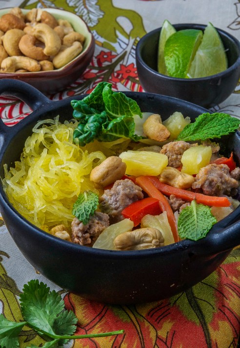 Curry Pork and Pineapple "Noodle" Bowls with Coconut Milk and Herbs