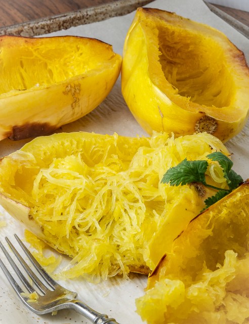 Spaghetti Squash makes a light base for many curries.