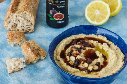 Smoked Almond Hummous with Fig Balsamic and Raisins