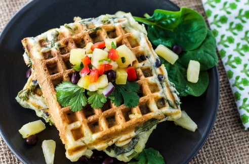 Green Waffles with Pineapple and Black Bean Salsa